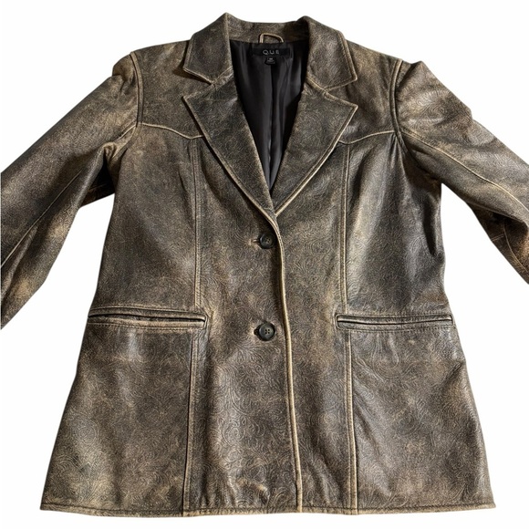 Que Jackets & Blazers - QUE Faux Leather Blazer Jacket – Vintage Distressed Bronze Paisley - Medium